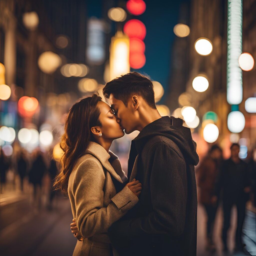 couples kissing on a busy road