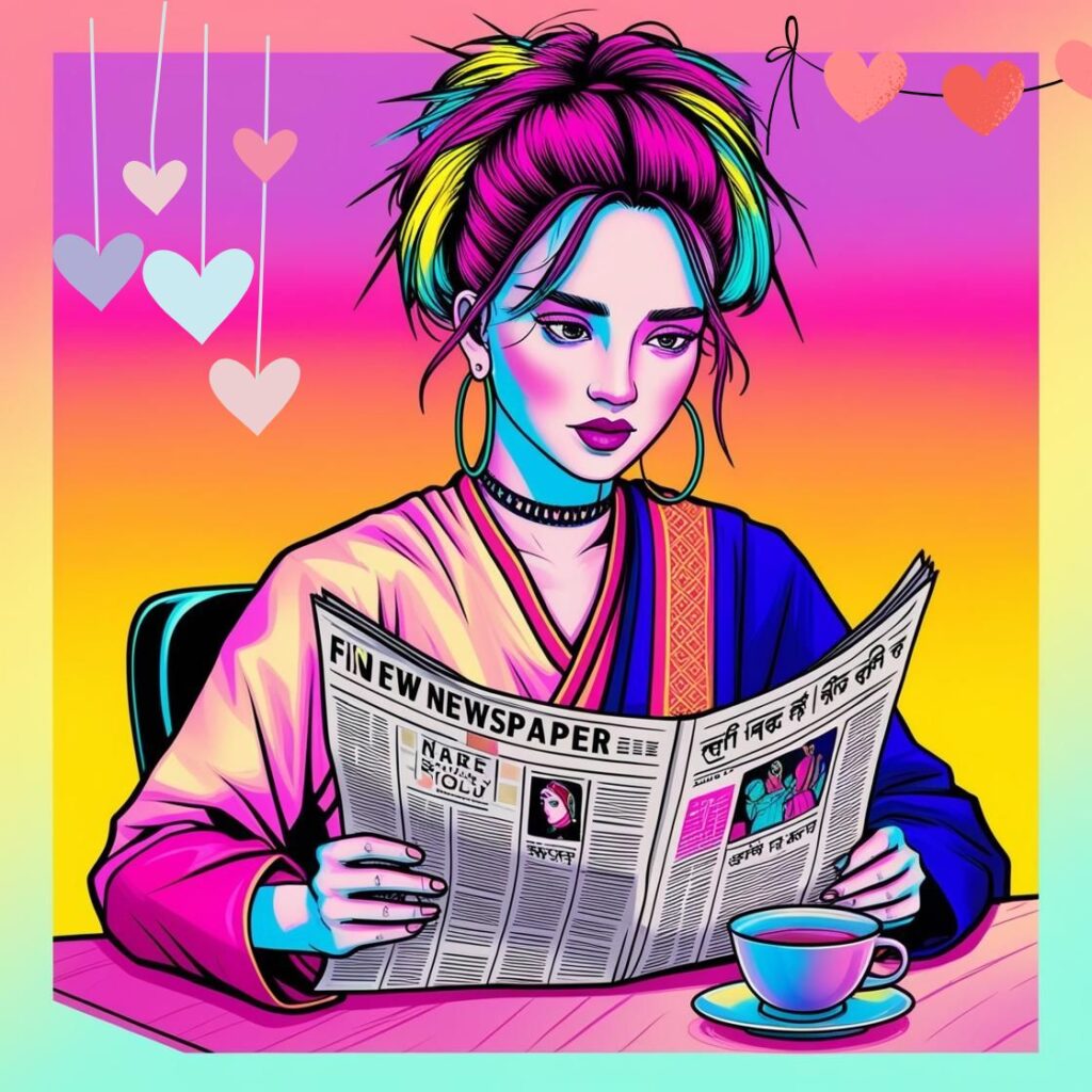 A girl drinking tea and reading newspaper AI image